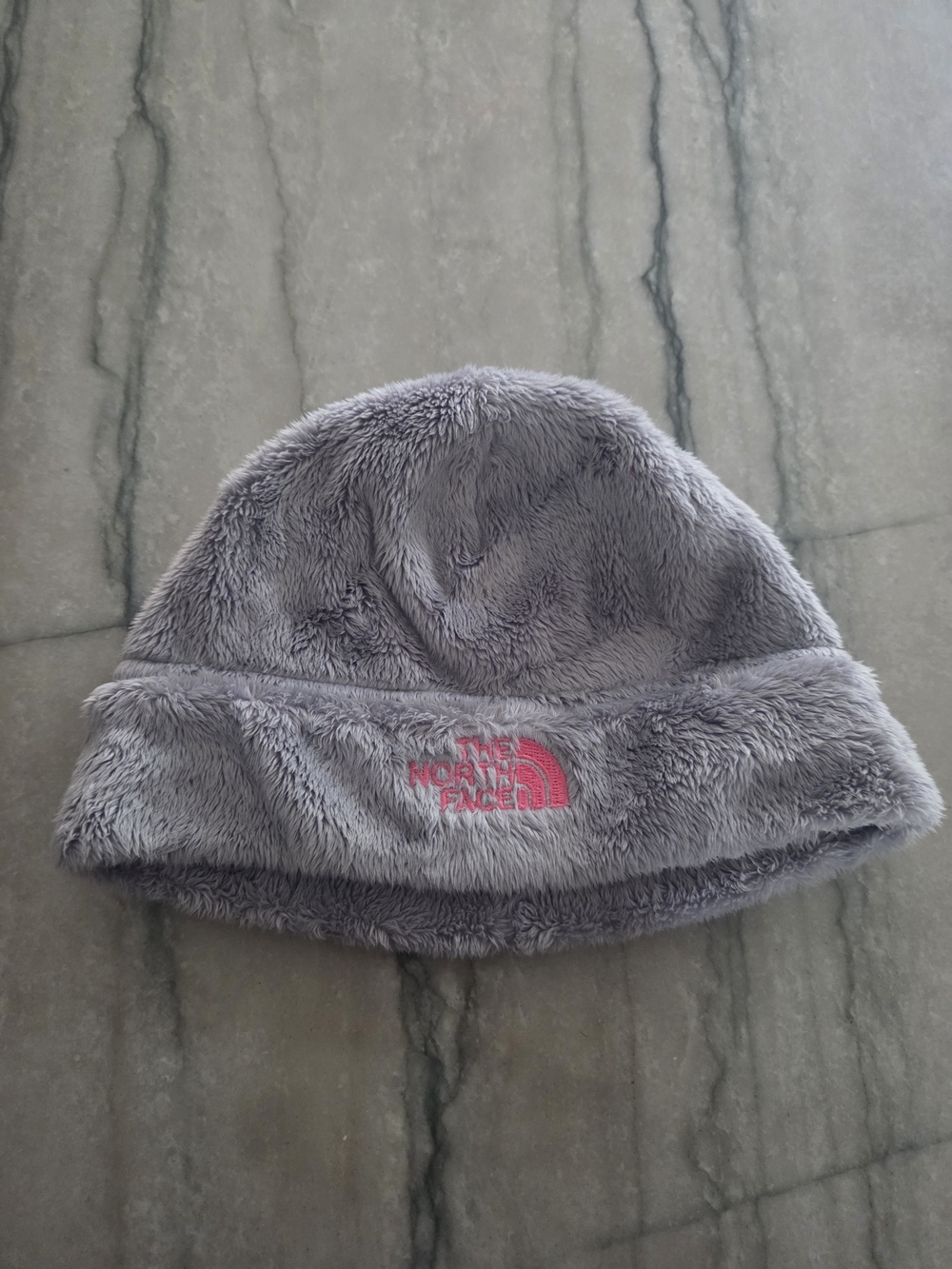The North Face Kids Plush Beanie Hat in Gray with Pink Logo